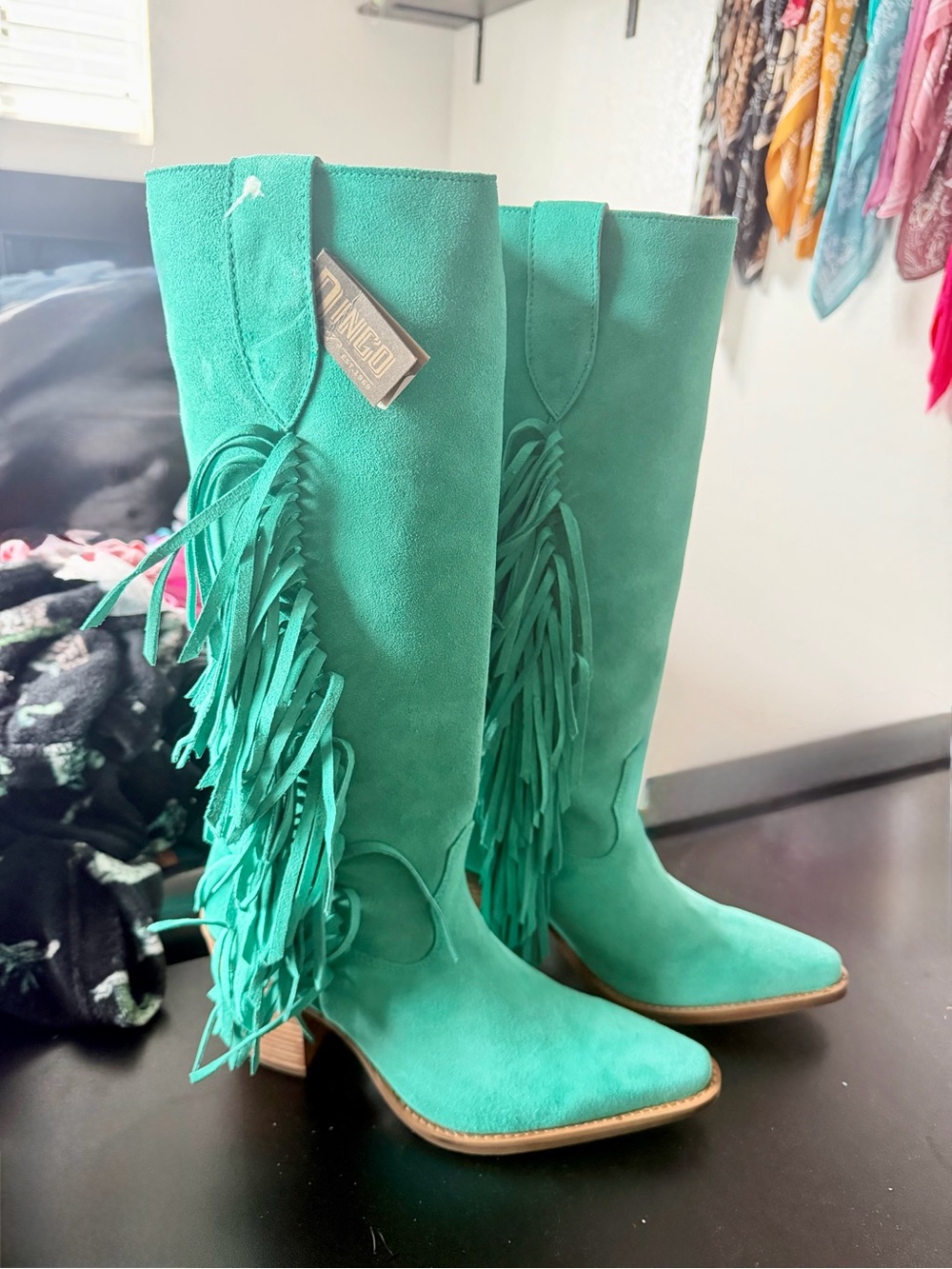 dingo Teal Suede Fringe Knee-High Boots